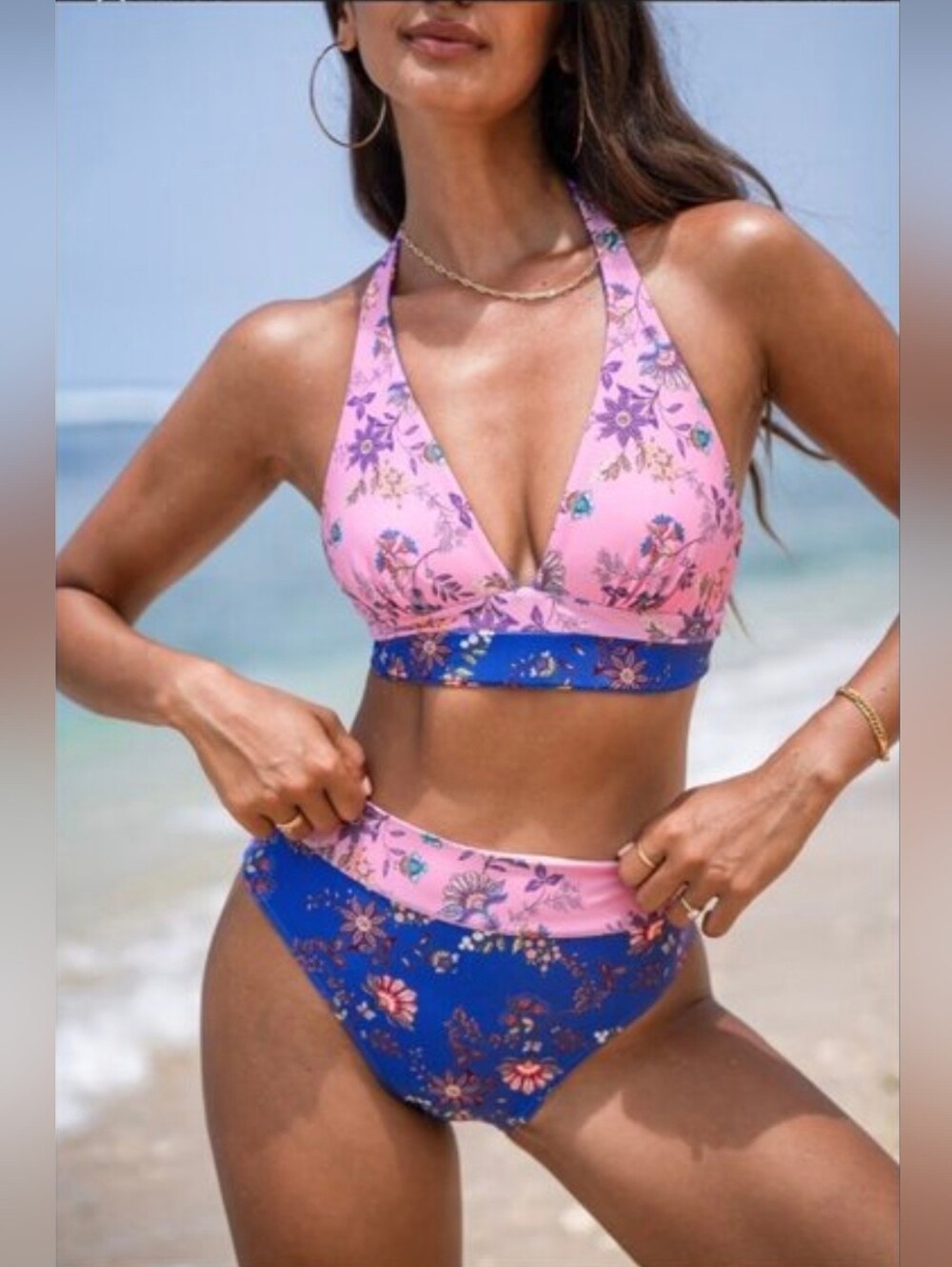 Cupshe Wild Day Flower Colorblock High-Rise Bikini Bottoms Size Medium